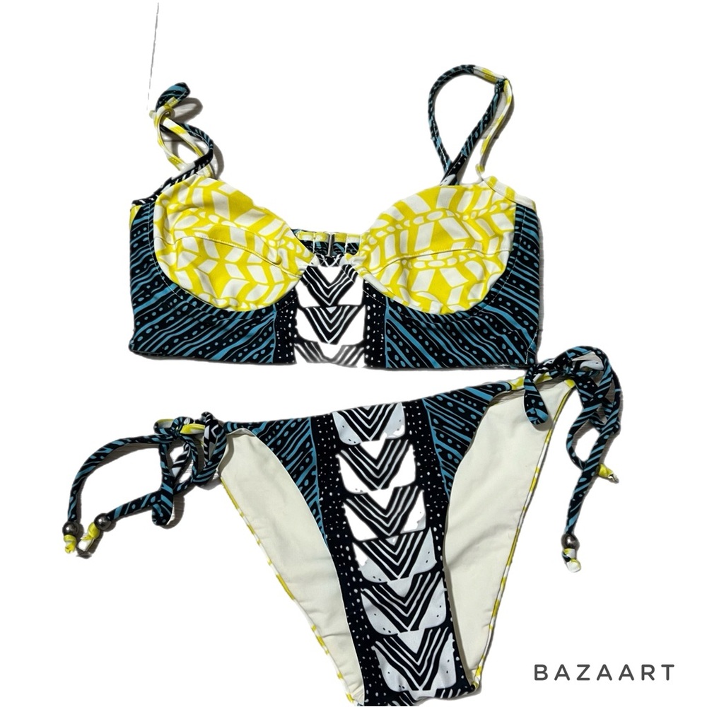 Mara Hoffman Bikini Swimsuit‎ 2 piece yellow blue Aztec strappy bra top side tie